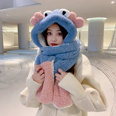 Winter Cute Crab Scarf Gloves Three in one Plus Velvet Thickened One piece Hat Blue - Shop at LoveMi
