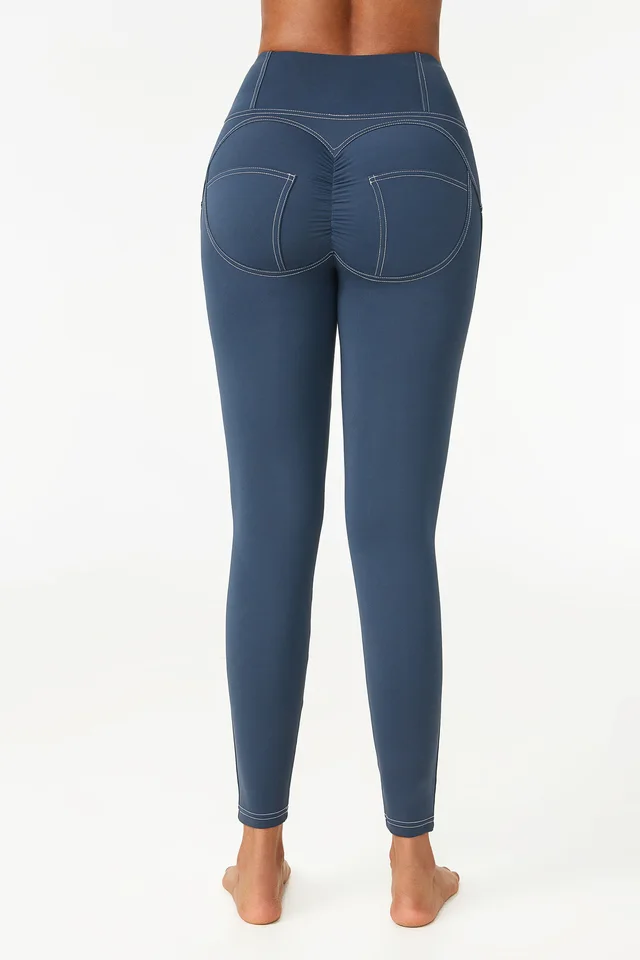 Pleated Yoga Pants High Waist Sports Leggings Blue - Shop at LoveMi