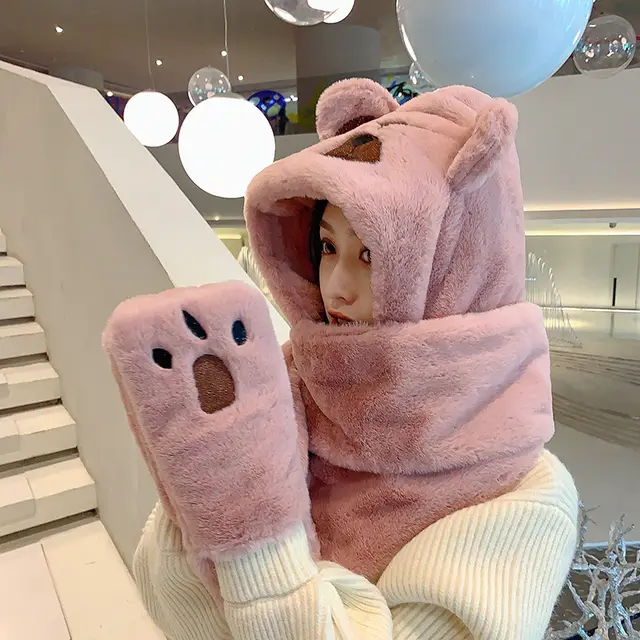 Korean Version Of Cute Bear Ears Warm Hat And Scarf One Thick Leather Red - Shop at LoveMi