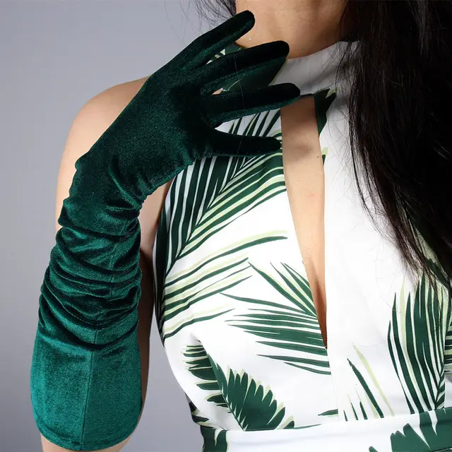 Black Velvet Gloves 60CM Extra Long Elbow Evening Dress High Elasticity Green - Shop at LoveMi