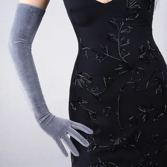Black Velvet Gloves 60CM Extra Long Elbow Evening Dress High Elasticity Silver - Shop at LoveMi