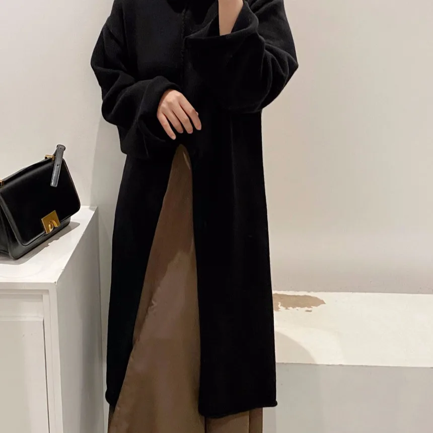 High Neck Slit Warm Soft Waxy Knit Dress - Black