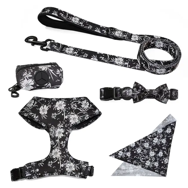 Pet Leash Vest Type Universal Chest Back Black And White Flower Set - Shop at LoveMi