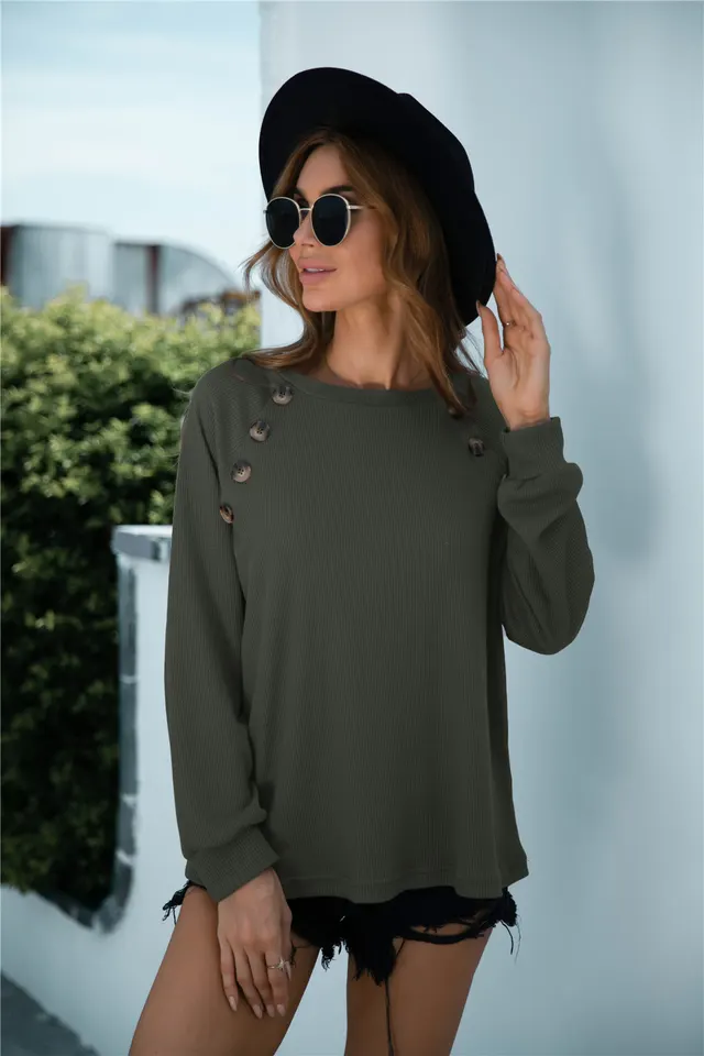 New Crew Neck Button Decorated Long Sleeve Knit Sweater Army Green - Shop at LoveMi