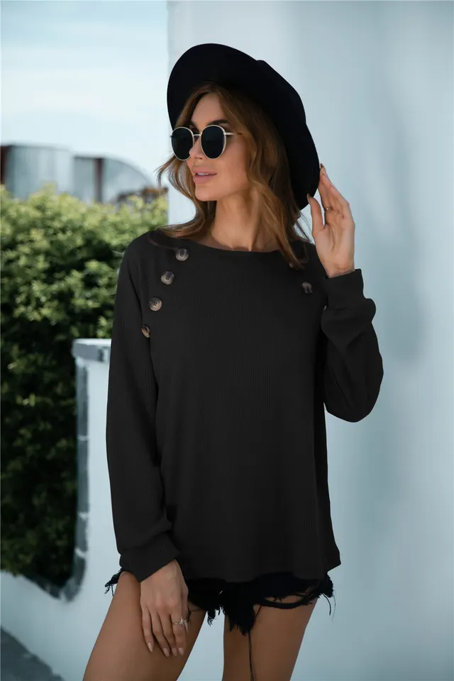 New Crew Neck Button Decorated Long Sleeve Knit Sweater Black - Shop at LoveMi