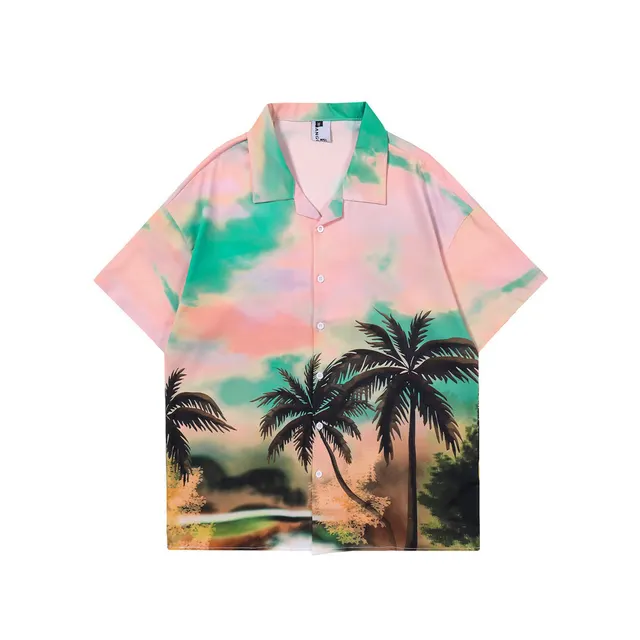 Coconut Landscape Full Print Short Sleeve Shirt Half Sleeve Pink - Shop at LoveMi