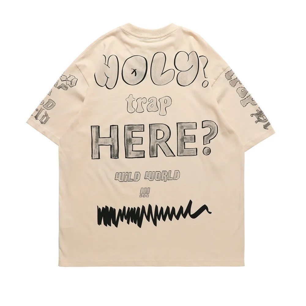 Round Neck Half Sleeve Letter Full Print Short Sleeve T Shirt Men's Apricot - Shop at LoveMi