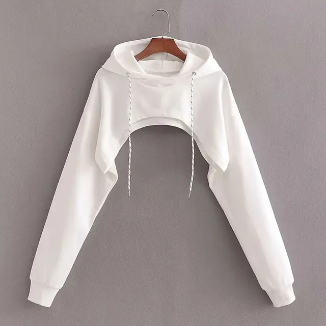 Loose Cropped Hooded Long Sleeve Sweatshirt White - Shop at LoveMi