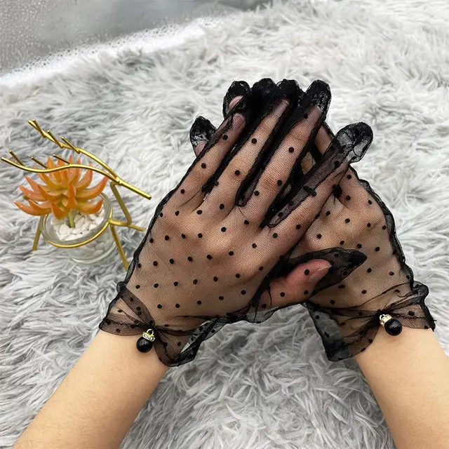Simple Sunscreen Mesh Lace Thin Spotted Gloves Black - Shop at LoveMi