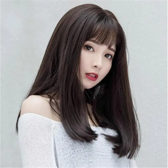Japanese And Korean Wig Women's Air Bangs Medium Long Straight Dark Brown - Shop at LoveMi
