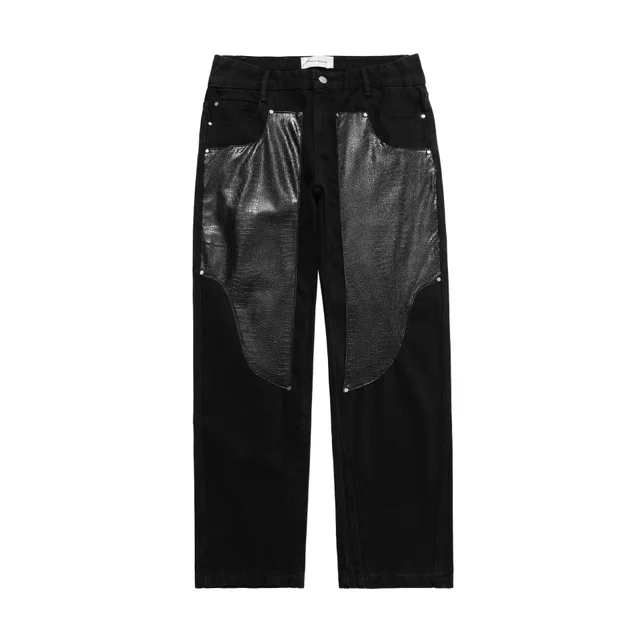 Men's Trendy Leather Patchwork Solid Color Washed Trousers Black - Shop at LoveMi