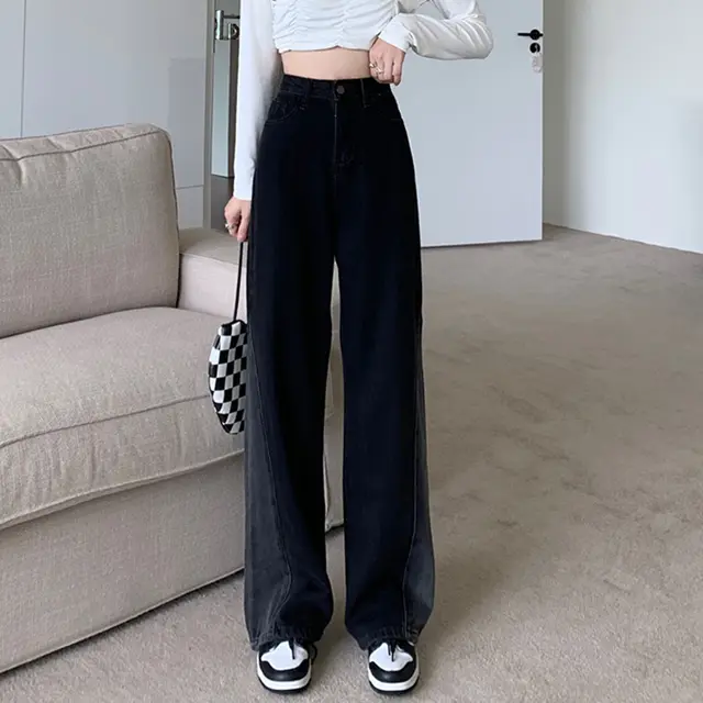 Women's Design Sense Niche Loose Straight High waisted Thin Wide leg Pants Black - Shop at LoveMi