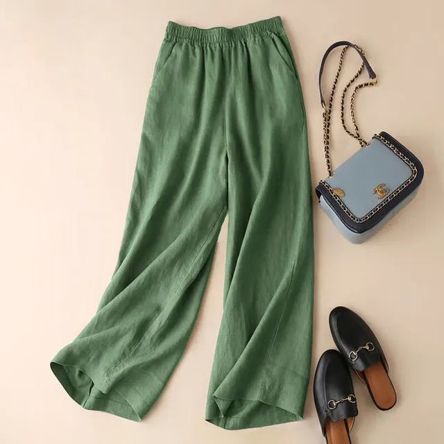 Asian Cotton Wide Leg Pants Solid Color Women's Ninth Point Green - Shop at LoveMi