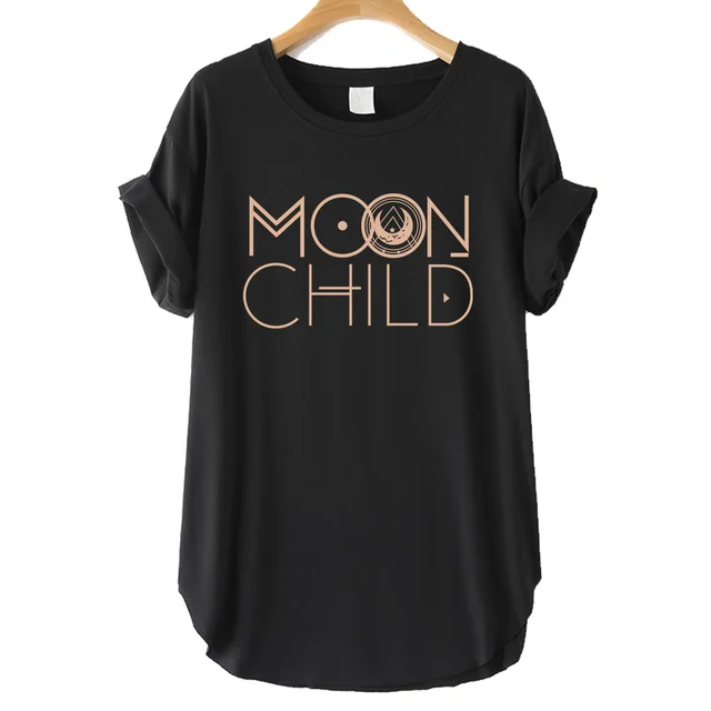 Side Dropped Shoulders Loose Moon Child Letter Print Short Sleeves Black - Shop at LoveMi