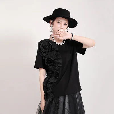 New Women's Three dimensional Decorative Flowers Short Sleeves Black - Shop at LoveMi