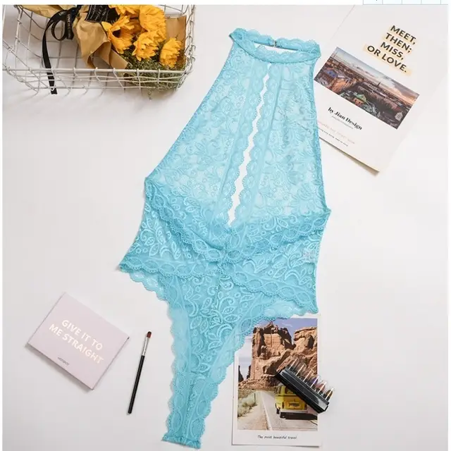 Temperament Elastic Non hollow See through Jumpsuit Lace Top Blue - Shop at LoveMi