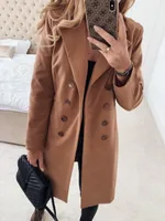 Autumn And Winter Solid Color Long-sleeved Double-breasted Mid-length Woolen Top Coat - Khaki