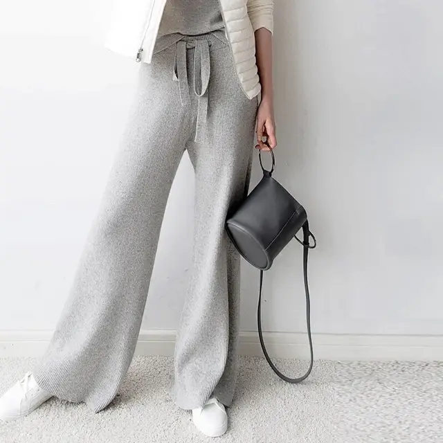 High rise solid color cashmere wide leg trousers Grey - Shop at LoveMi