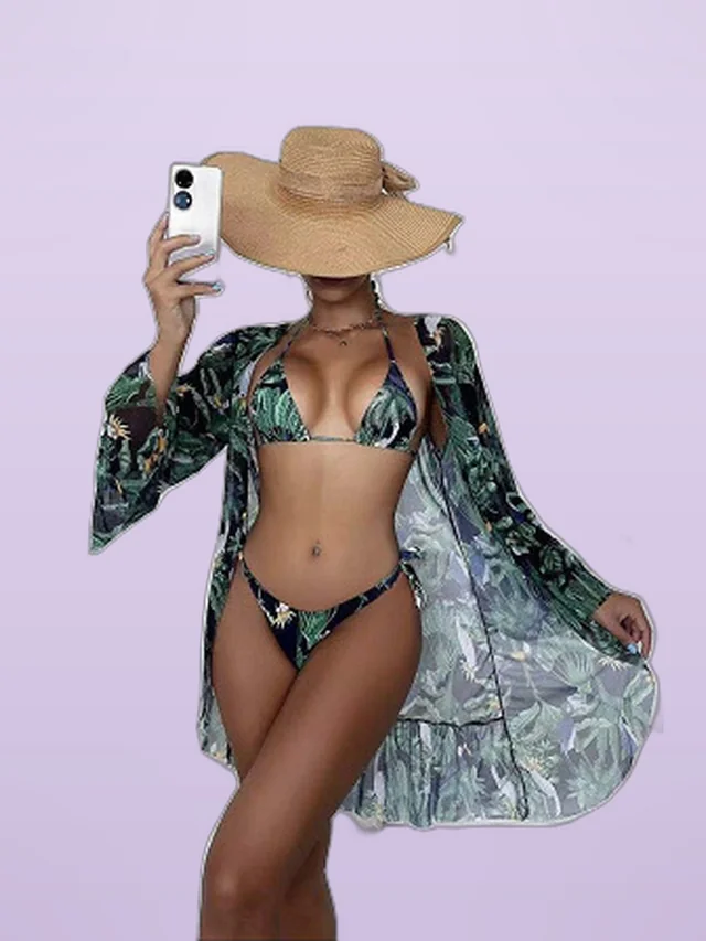 Tropical Triangle Bikini Swimsuit Kimono Green - Shop at LoveMi