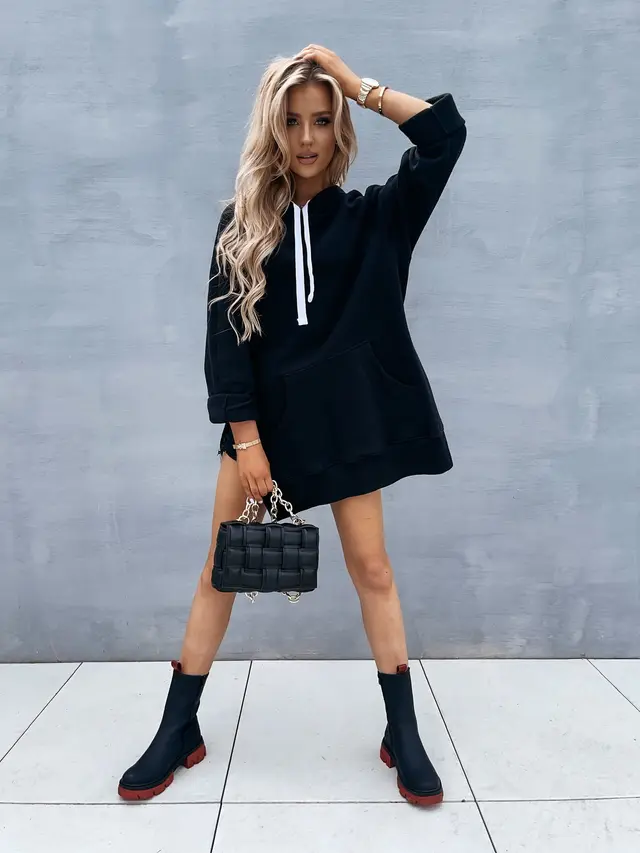 Long Sleeve Solid Color Pullover Hooded Drawstring Sweatshirt Women's Black - Shop at LoveMi