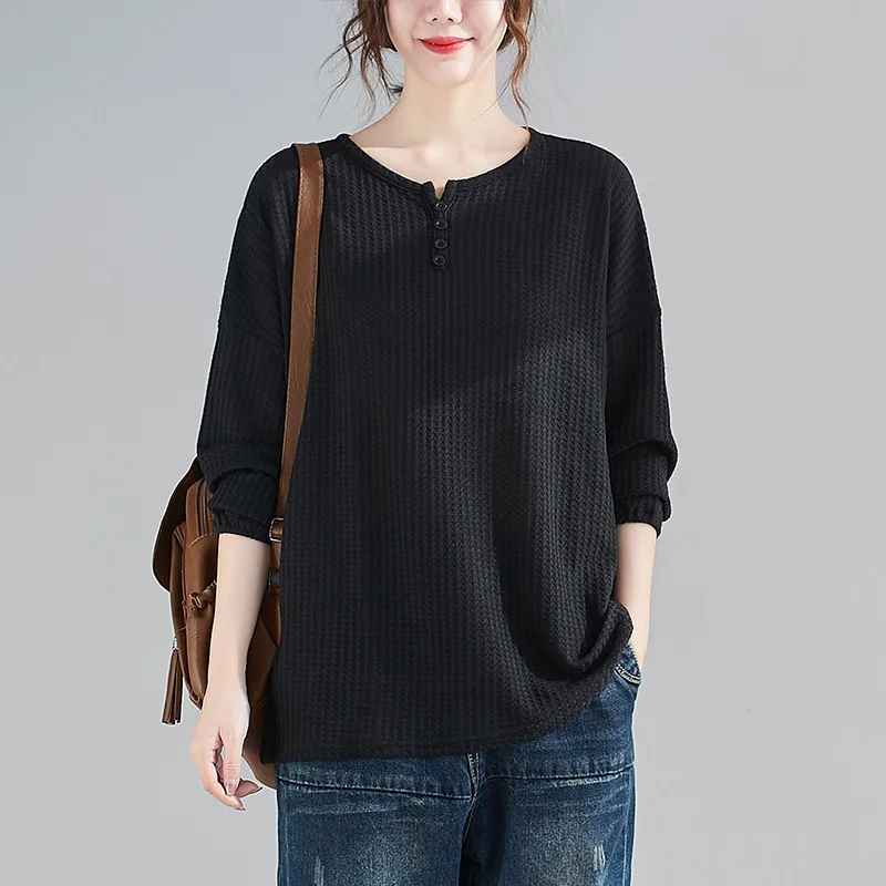 Plus Size Women's Loose And Slim Solid Color Round Neck Top Black - Shop at LoveMi