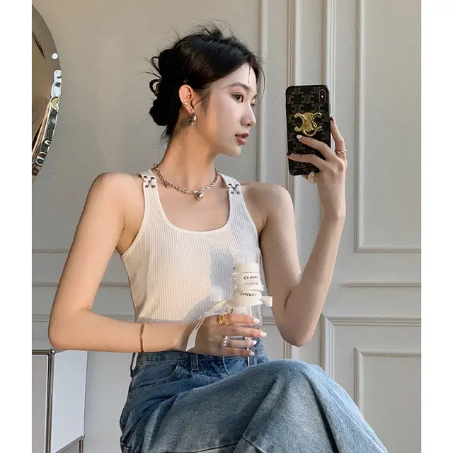 Spring Metal Buckle Embellished Shoulder Tank Top White - Shop at LoveMi