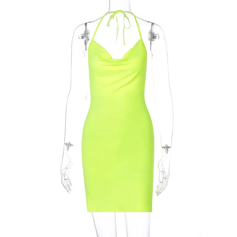 Stylish Slit Bow Halter Short Dress - Yellowgreen
