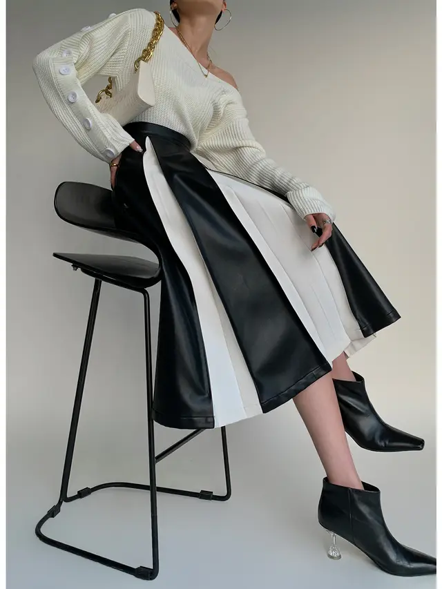Stitching Pleated Skirt Women's PU Leather Autumn And Winter Black - Shop at LoveMi