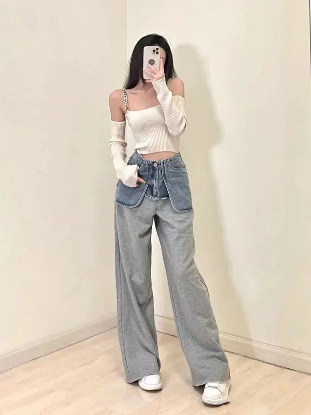 Women's Stitching Denim High Waist Casual Sports Pants Grey - Shop at LoveMi