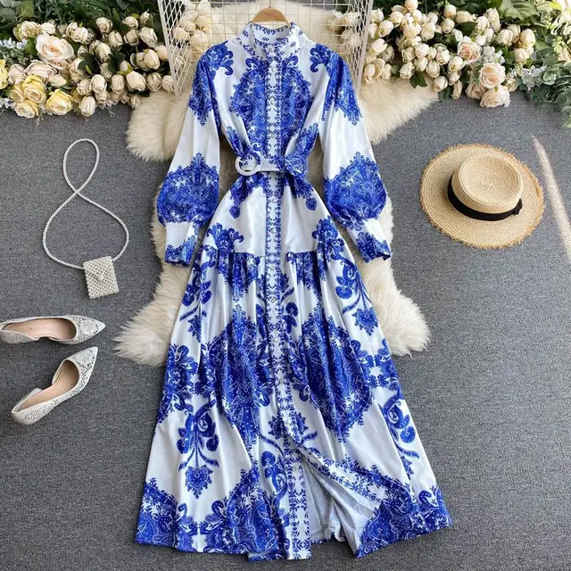 Vintage Blue And White Porcelain Print Quality Standing Collar Slim Long Dress Blue - Shop at LoveMi