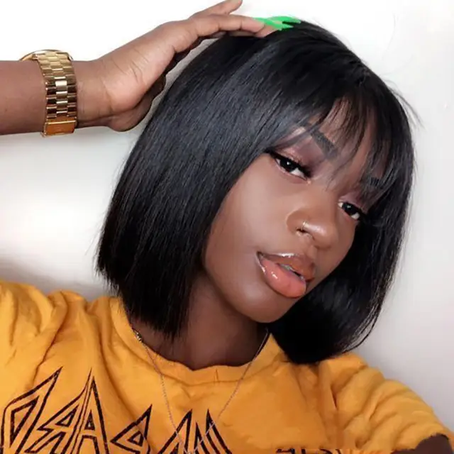 Human Hair Head Cover Semi Woven Bob Head Front Lace Wig 14Nch - Shop at LoveMi
