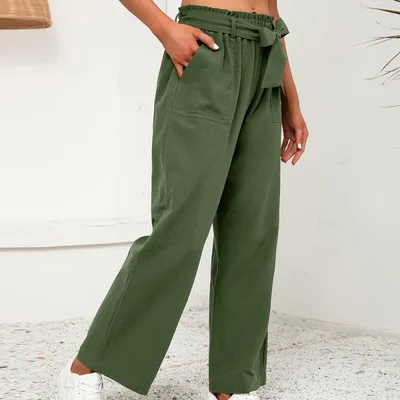 Fashion Casual Loose Tie Wide Leg Pants Women Green - Shop at LoveMi