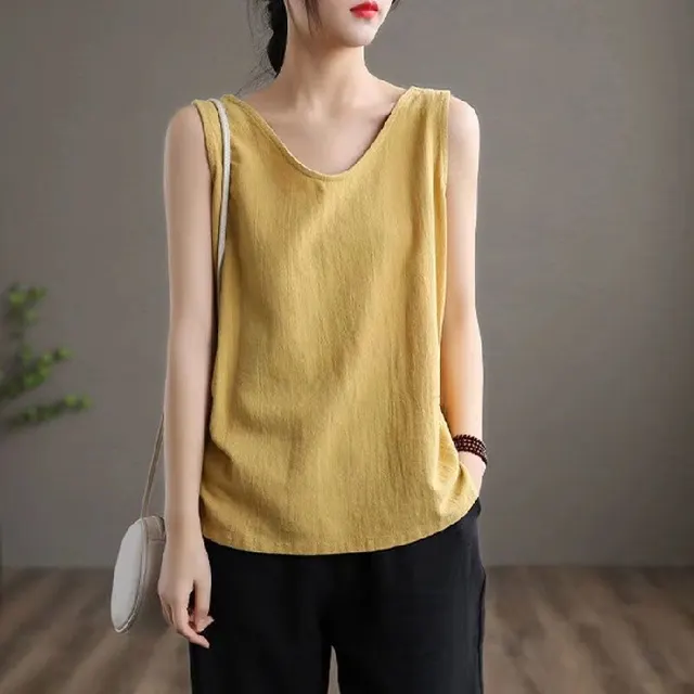 Solid Color Plus Size Literary Sleeveless Round Neck Vest Yellow - Shop at LoveMi
