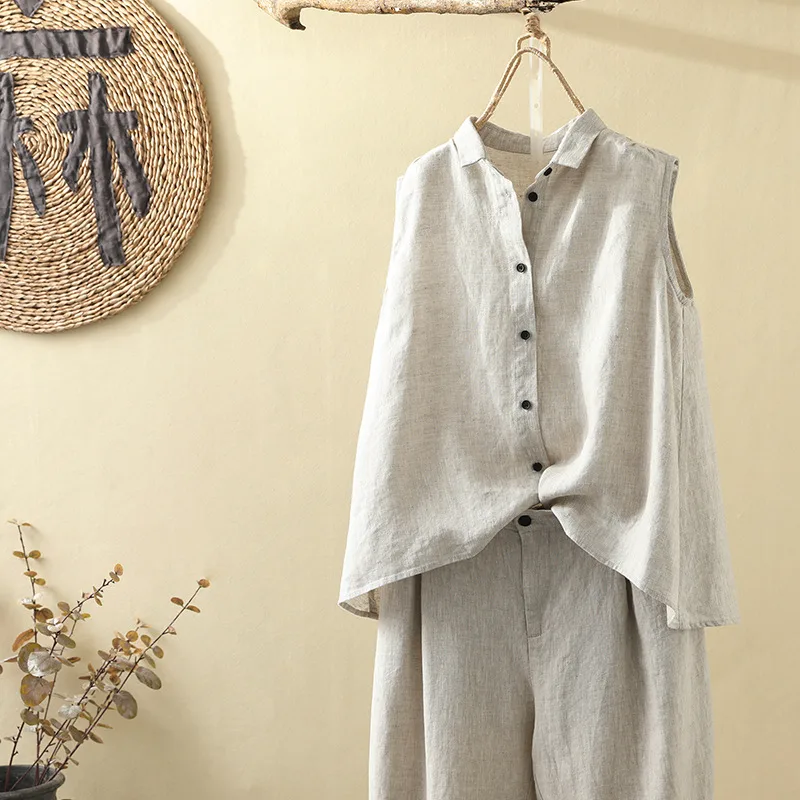 Linen Breathable Sleeveless Top Large Slit Vest Original Hemp Color - Shop at LoveMi