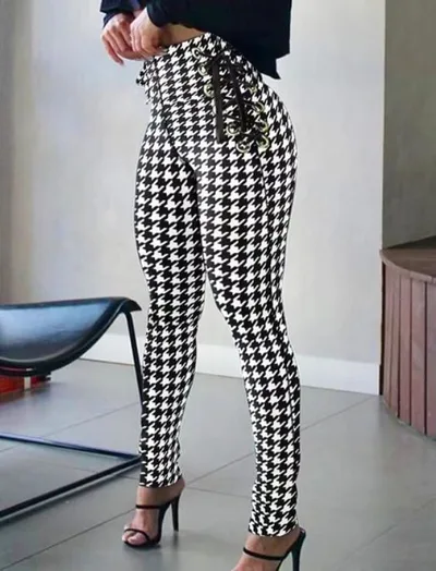 European And American Houndstooth Waist Side Eyelet Tights Black - Shop at LoveMi