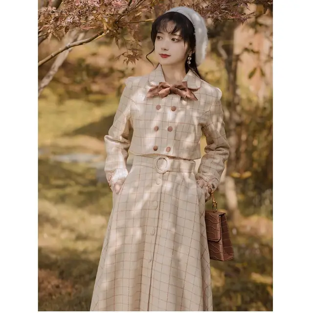 Elegant Full Length Spring Plaid Long Sleeve Midi Dress Coat Vest Skirt - Shop at LoveMi