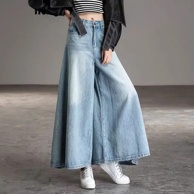 Tall Full Swing Culottes Washed Jeans Big Foot Pants Blue - Shop at LoveMi