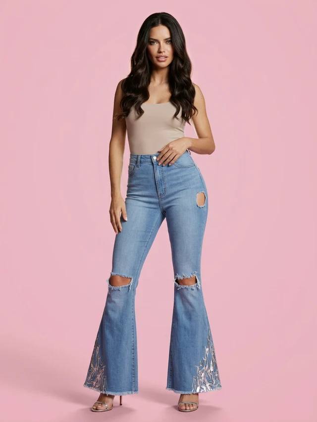European And American Wide Leg Jeans With Holes In The Knee Dark Blue - Shop at LoveMi