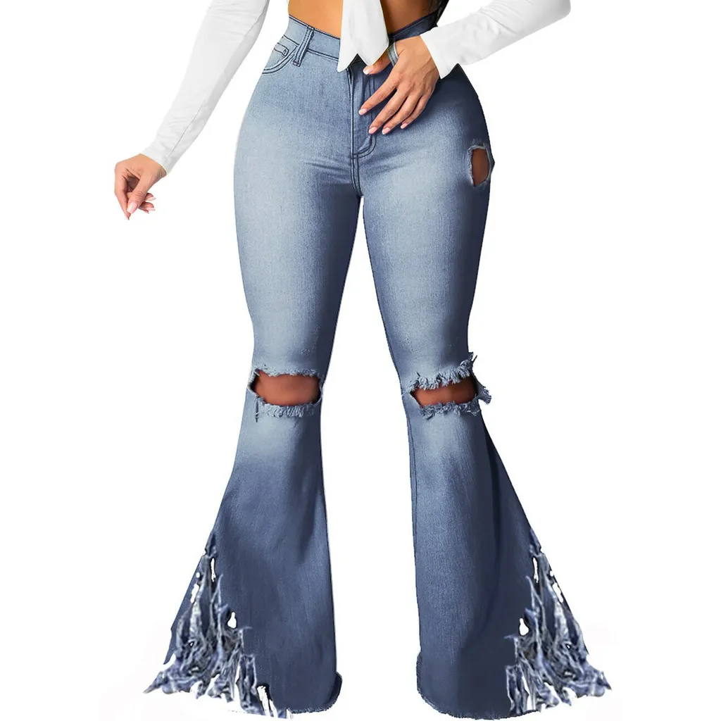 European And American Wide Leg Jeans With Holes In The Knee - Dark Blue