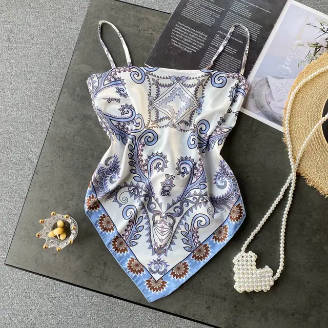 Abdominal Camisole Print Open Back Top Blue And White - Shop at LoveMi