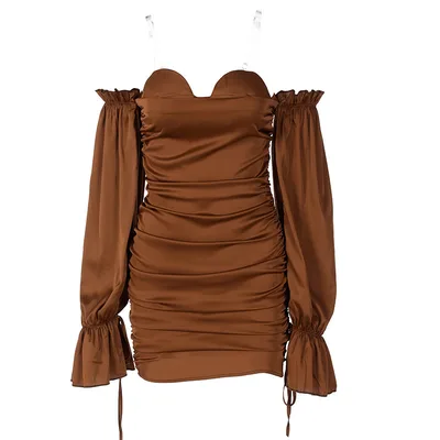 Solid Color Off the shoulder Lantern Sleeve Tube Top Pleated Hip Dress Brown - Shop at LoveMi