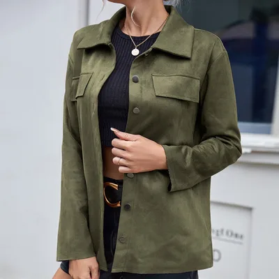 Casual Simple Single Breasted Pocket Shirt Deerskin Long Sleeve Shirt Jacket Green - Shop at LoveMi