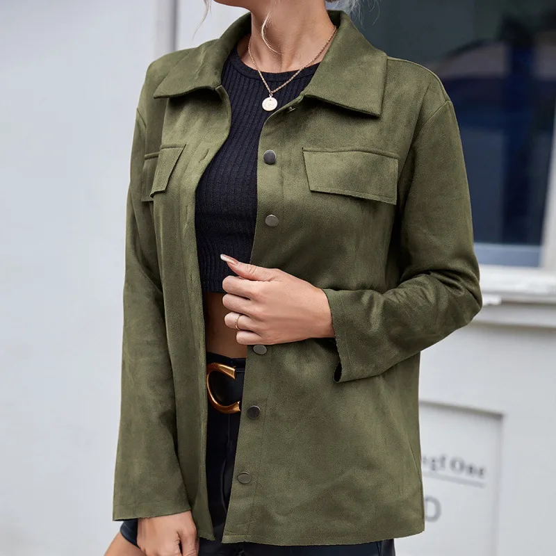Casual Simple Single Breasted Pocket Shirt Deerskin Long Sleeve Shirt Jacket Green - Shop at LoveMi