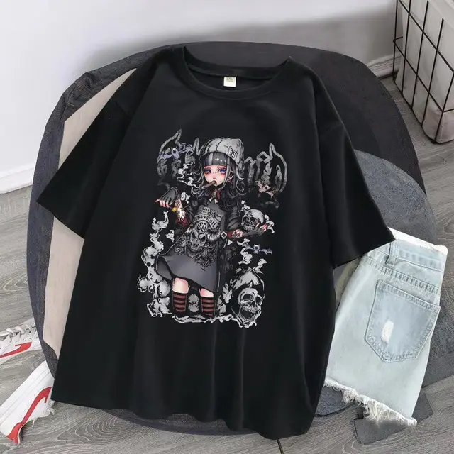 Vintage Gothic Girly Print Loose Cropped T Shirt Black - Shop at LoveMi