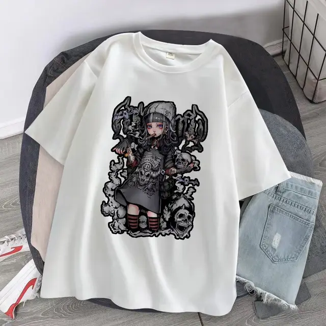 Vintage Gothic Girly Print Loose Cropped T Shirt White - Shop at LoveMi