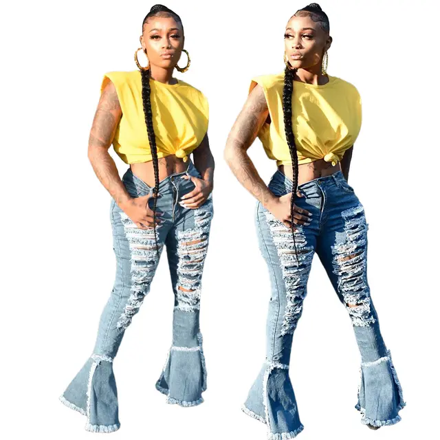 Versatile Washed Ripped Trousers Stitching Micro Flared Pants Blue - Shop at LoveMi