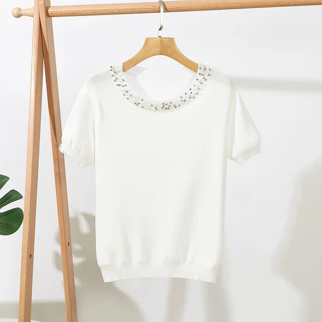New Solid Color Beaded Short Sleeve Loose Round Neck Pullover Top White - Shop at LoveMi