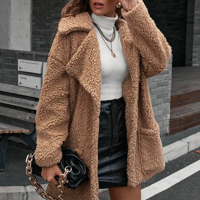 Single Breasted Bubble Fleece Jacket Loose Lapel Lamb Fleece Trench Coat Camel - Shop at LoveMi