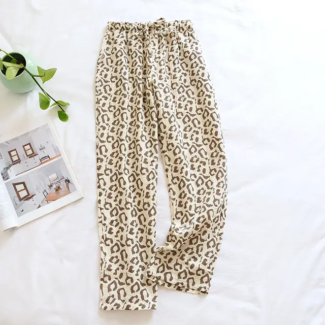 Women's Pure Cotton Double Gauze Leopard Print Pajama Pants Yellow - Shop at LoveMi