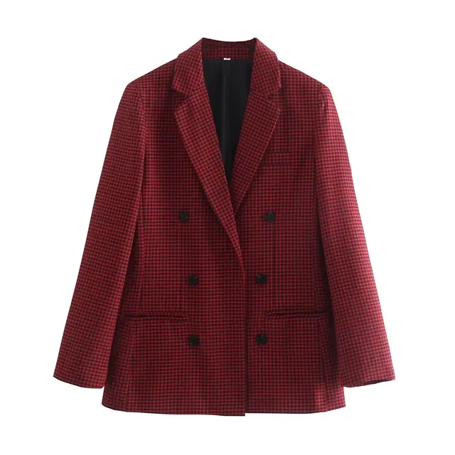 European And American Style Women's New Plaid Double breasted Coat Dark Red - Shop at LoveMi